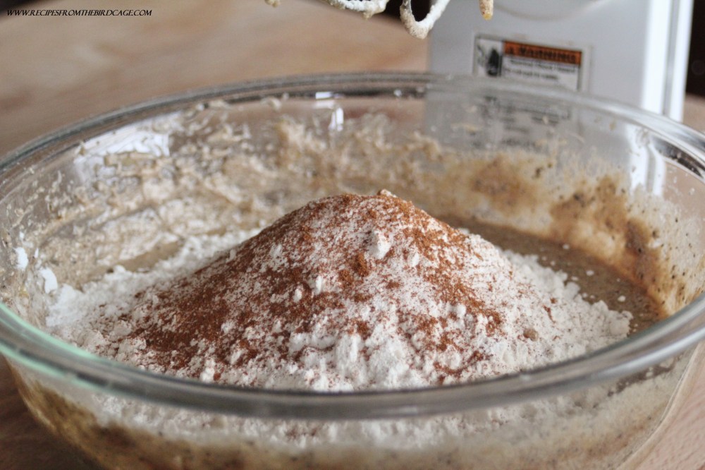 Sprinkling the dry ingredients helps ensure no nasty baking powder lumps in your bread.
